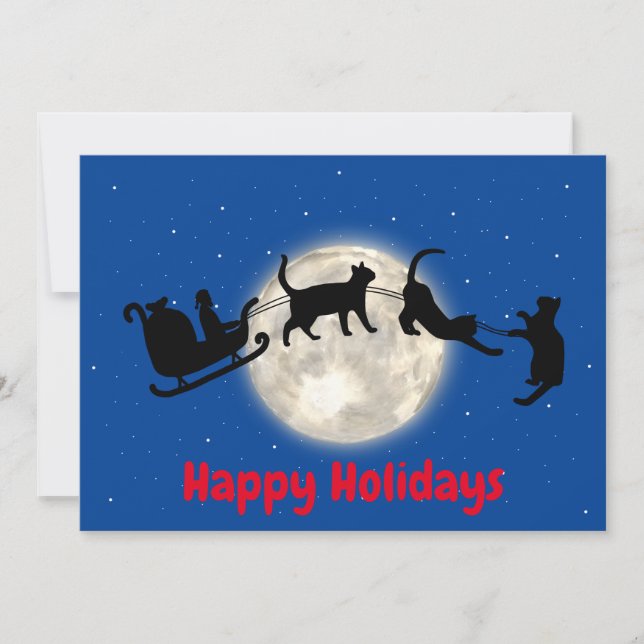 Tarjeta Festiva Santa sleigh con gatos negros graciosos (Anverso)