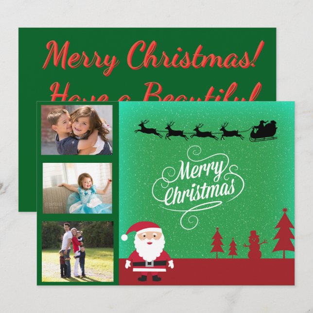 Tarjeta Festiva Santa Sleigh & Family 3 Photo Christmas (Anverso / Reverso)