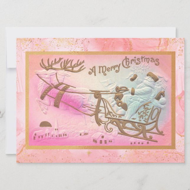 Tarjeta Festiva Santa Sleigh rosada de época con Navidades de reno (Anverso)