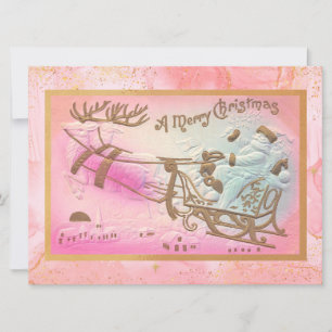 Tarjeta Festiva Santa Sleigh rosada de época con Navidades de reno