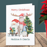 Tarjeta Festiva Santa Sleigh y Gnome Gonk Cute niños personalizado<br><div class="desc">Tarjeta de Navidades personalizados para niños con escritura totalmente editable por dentro y por fuera, en tipografía caprichosa. Este bonito diseño cuenta con un ilustracion acuático de Santa con un montón de regalos, un gnomo de gónk, alce de reno y un árbol de Navidad decorado. Por favor, navegue por mi...</div>
