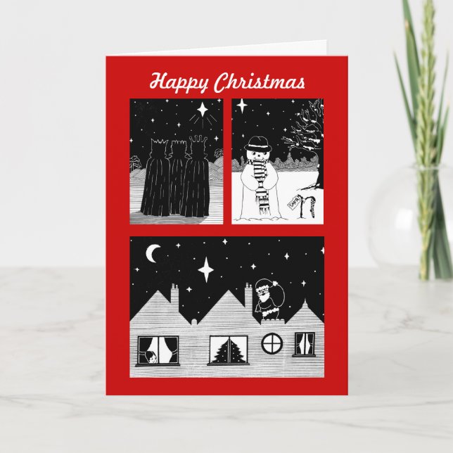 Tarjeta Festiva santa snowman tres reyes navidades blancas y negra (Anverso)