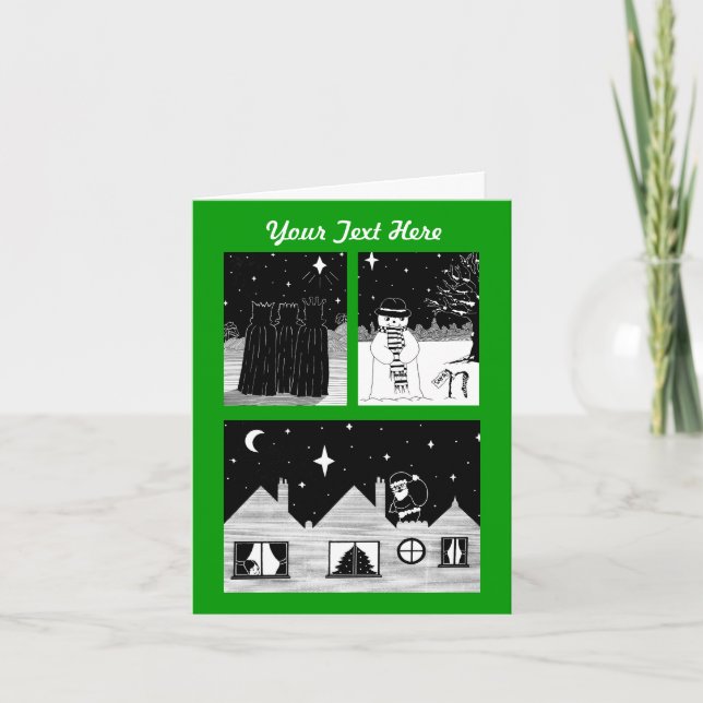 Tarjeta Festiva santa snowman tres reyes navidades blancas y negra (Anverso)