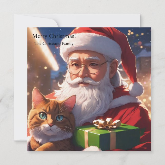 Tarjeta Festiva Santa sosteniendo a un gato (Anverso)