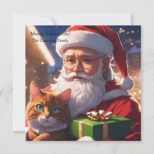 Tarjeta Festiva Santa sosteniendo a un gato