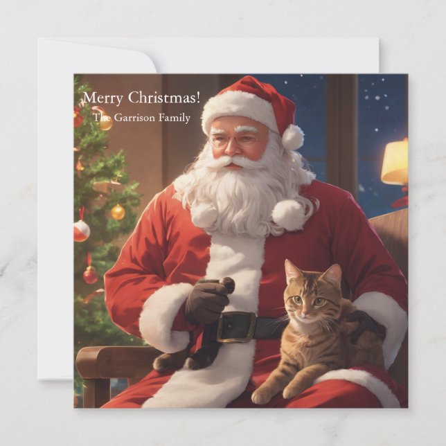 Tarjeta Festiva Santa sosteniendo a un gato (Anverso)