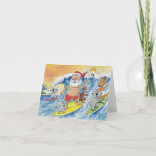 Tarjeta Festiva Santa surfeando con sus amigos animales