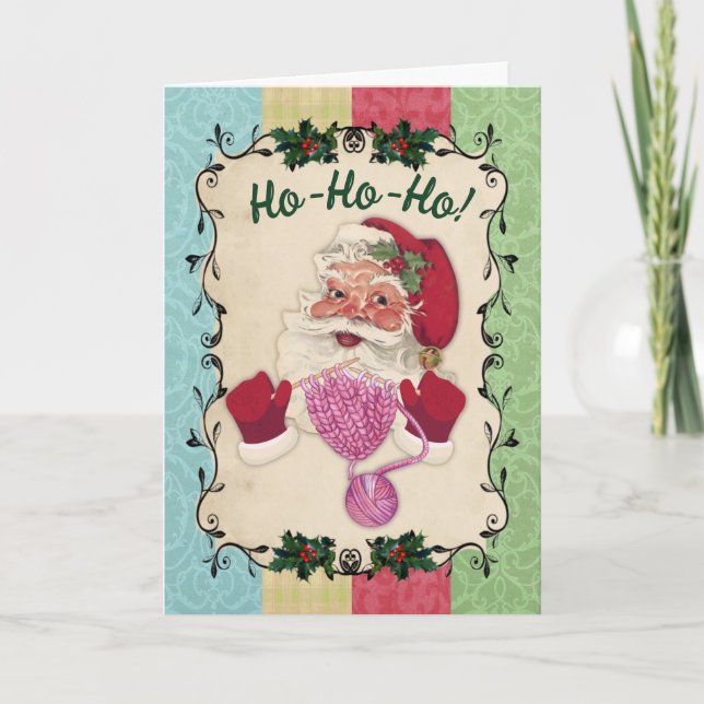 Tarjeta Festiva Santa tejiendo agujas Navidades regalo hecho a man (Anverso)