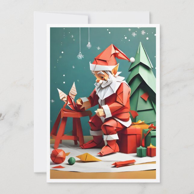Tarjeta Festiva Santa trabajando en su tienda al estilo Origami (Anverso)