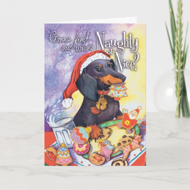 Tarjeta Festiva Santa travieso Doxie (Anverso)