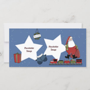 Tarjeta Festiva Santa, tren, regalo y corona de Navidades