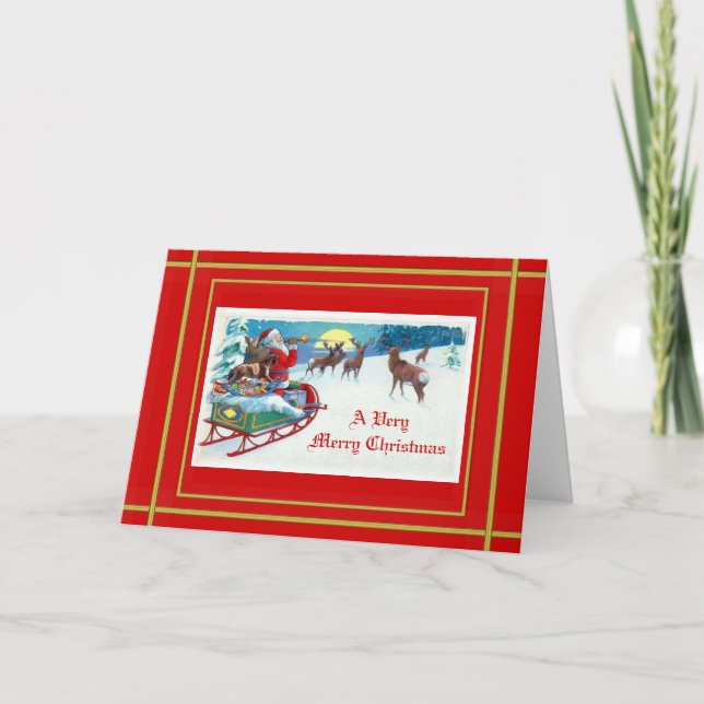 Tarjeta Festiva Santa Trumpeando a su carta de renos (Anverso)