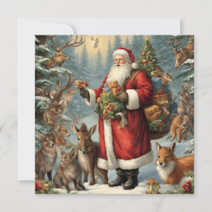 Tarjeta Festiva Santa victoriano con regalo y animales del bosque 