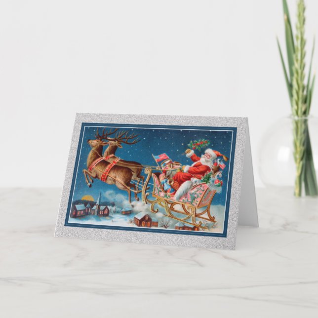 Tarjeta Festiva santa vintage volando sleigh (Anverso)
