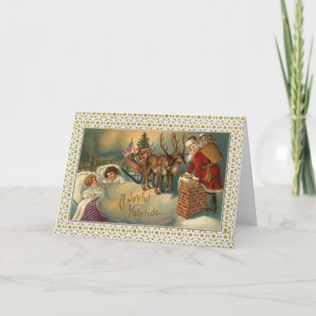 Tarjeta Festiva Santa visita mientras los niños duermen victorioso (Anverso)