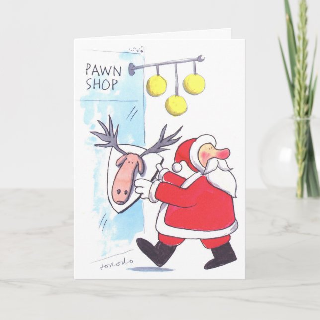 Tarjeta Festiva Santa visita una tienda de empeño (Anverso)
