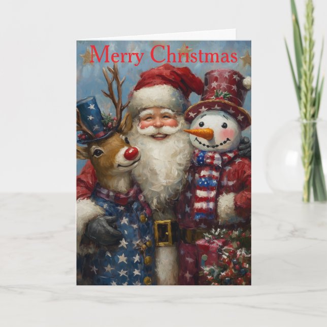 Tarjeta Festiva Santa With Rudolph And Snowman at Christmas (Anverso)