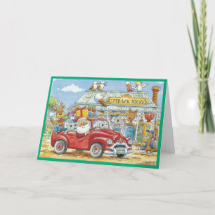 Tarjeta Festiva Santa y animales montando una camioneta