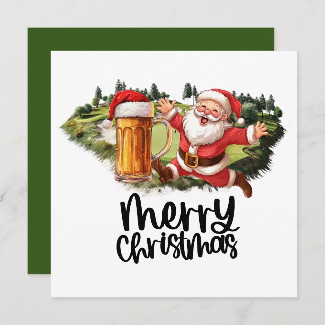 Tarjeta Festiva Santa y Cerveza para Navidades Funny Golfer (Anverso / Reverso)