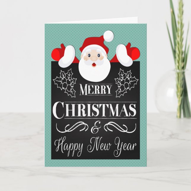 Tarjeta Festiva Santa y Chalkboard con Holly para Navidades (Anverso)