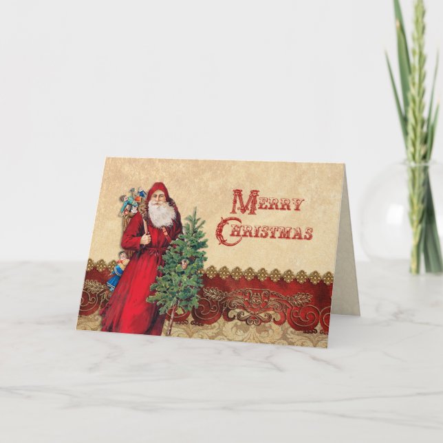 Tarjeta Festiva Santa y el árbol vintage (Anverso)