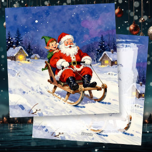 Tarjeta Festiva Santa y elfo deslizándose en trineo en Nochebuena