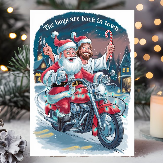 Tarjeta Festiva Santa y Jesús en una motocicleta Navidades diverti (Subido por el creador)