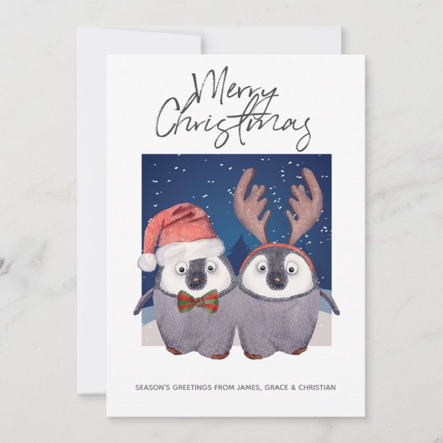 Tarjeta Festiva Santa y los Navidades de renos Pingüino (Anverso)