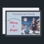 Tarjeta Festiva Santa y muñeco de nieve en Nochebuena<br><div class="desc">Una tarjeta de Navidad personalizada que presenta a Santa Claus y un muñeco de nieve parados en el pueblo en Nochebuena con luna llena.</div>