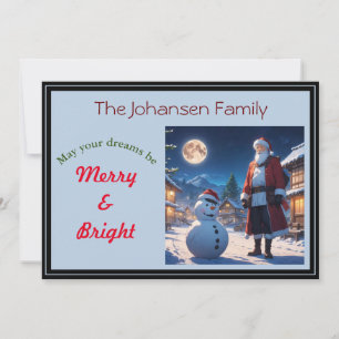Tarjeta Festiva Santa y muñeco de nieve en Nochebuena