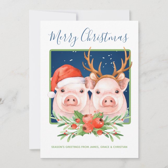 Tarjeta Festiva Santa y Navidades de renos puercos (Anverso)