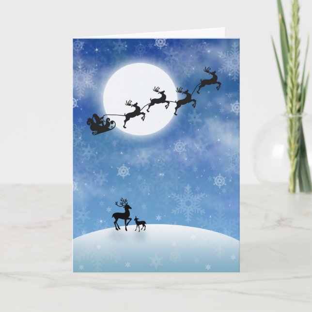 Tarjeta Festiva Santa y reno que vuelan la Luna Llena (Anverso)