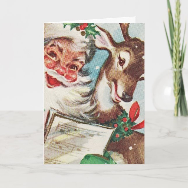 Tarjeta Festiva Santa y reno vintage (Anverso)