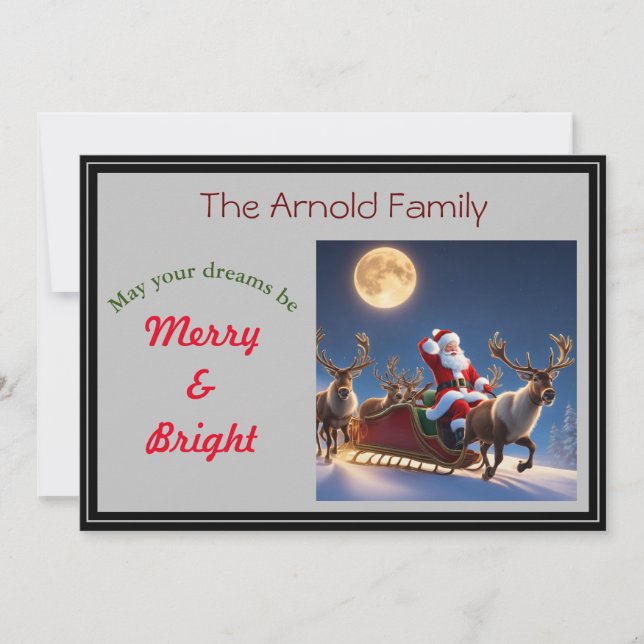 Tarjeta Festiva Santa y renos con luna llena (Anverso)