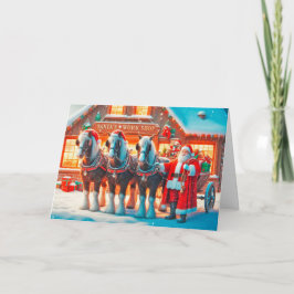 Tarjeta Festiva Santa y sus caballos afuera de su taller