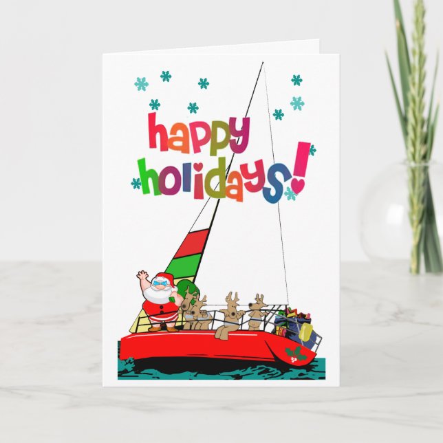 Tarjeta Festiva Santa y sus renos navegando en Navidades (Anverso)
