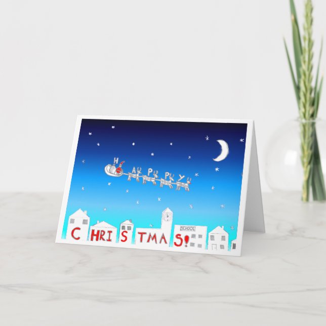 Tarjeta Festiva Santa y todos los renos diciendo Navidades felices (Anverso)
