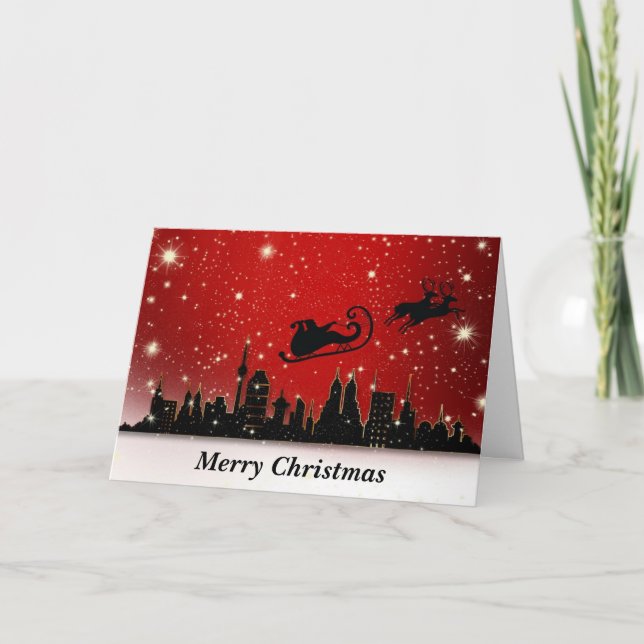 Tarjeta Festiva Santa y trineo sobre la gran ciudad (Anverso)