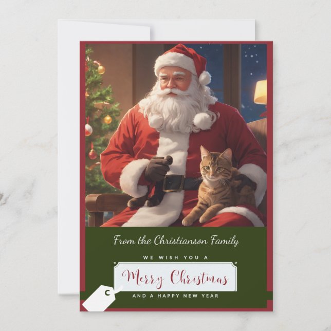 Tarjeta Festiva Santa y un adorable gato gatito (Anverso)