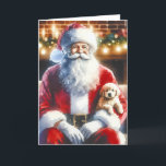 Tarjeta Festiva Santa y un cachorro | Vintage Christmas<br><div class="desc">Postal de Navidades personalizados. Un bonito acuarela estilo ai arte que representa a Santa sosteniendo un cachorro en su regazo en la víspera de los Navidades con vibraciones vintage. Fondo de papel de época con copos de nieve.</div>