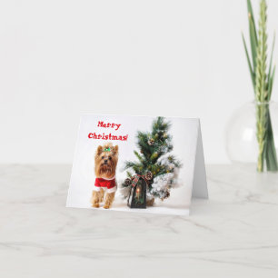 Tarjeta Festiva Santa Yorkie con árbol de vacaciones para Navidade