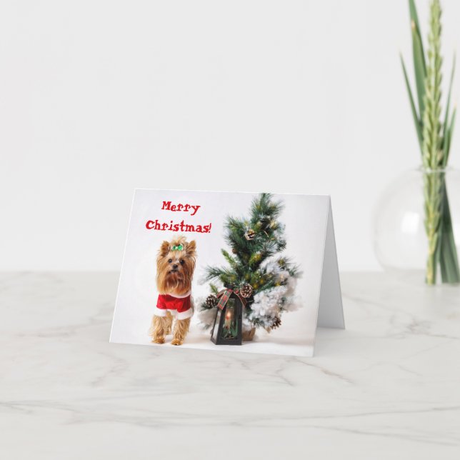 Tarjeta Festiva Santa Yorkie con árbol de vacaciones para Navidade (Anverso)