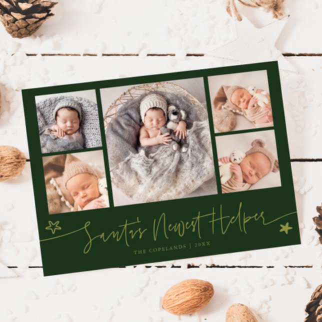 Tarjeta Festiva Santa's Helper Christmas Green Birth Announcement (Subido por el creador)
