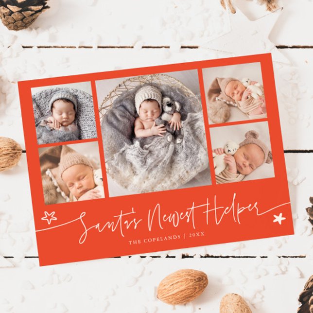 Tarjeta Festiva Santa's Helper Christmas Red Birth Announcement (Subido por el creador)