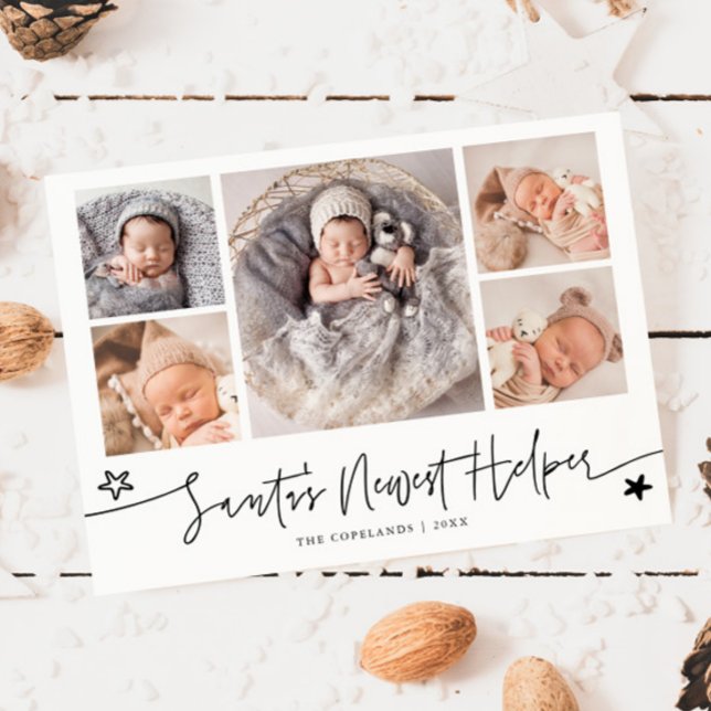 Tarjeta Festiva Santa's Helper Christmas White Birth Announcement (Subido por el creador)