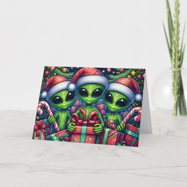 Tarjeta Festiva Santa's Little Alien Helpers Christmas (Anverso)