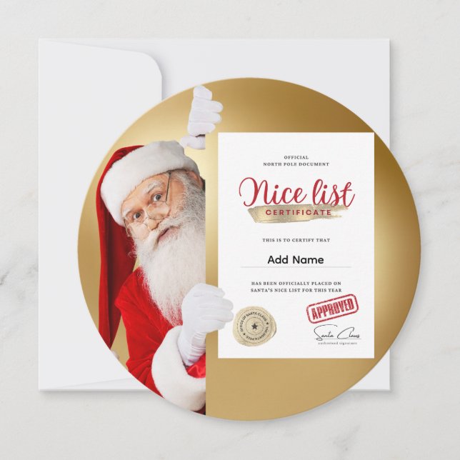 Tarjeta Festiva Santa's Nice List Certificate Editable  (Anverso)