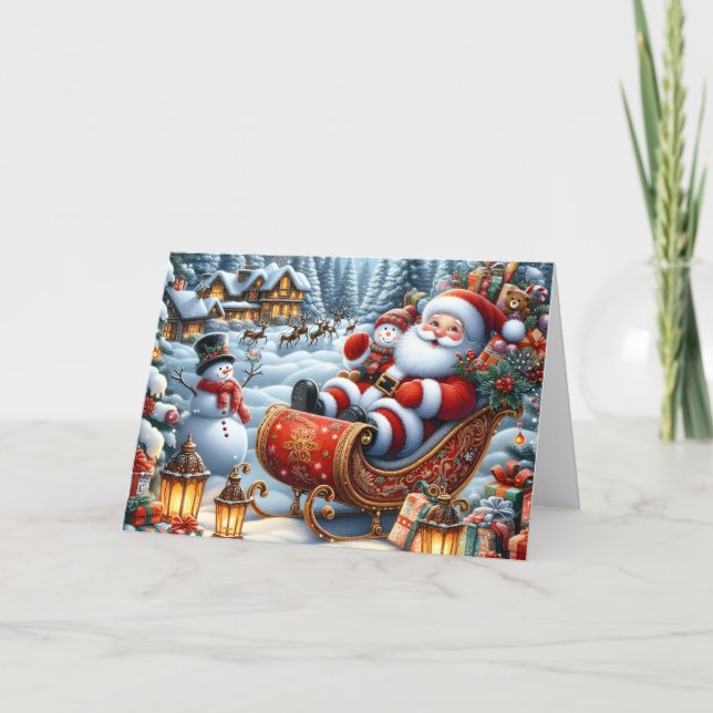 Tarjeta Festiva Santa's Sleigh at North Pole Christmas (Anverso)