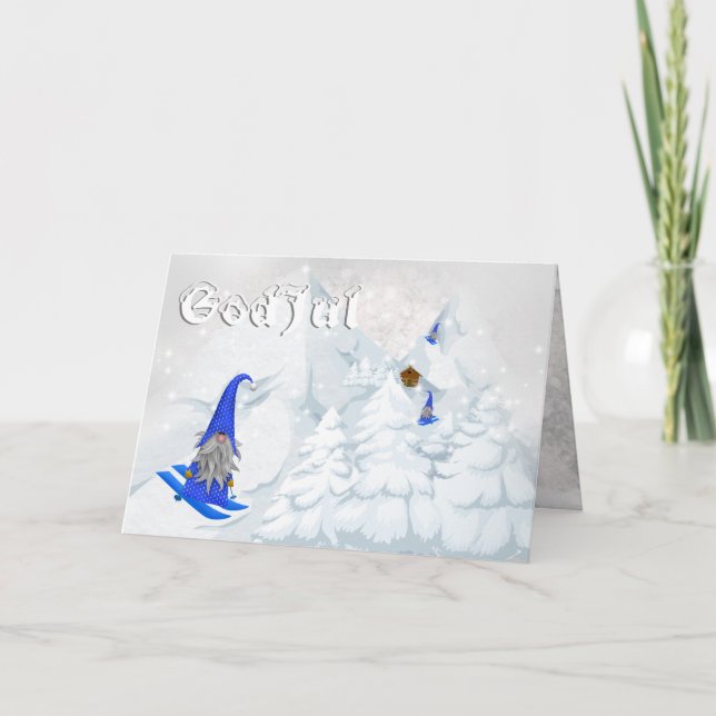 Tarjeta Festiva Santo Tomé de Dios esquiando el bosque sueco moder (Anverso)