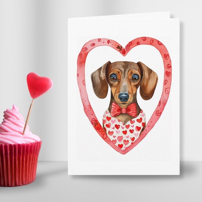 Tarjeta Festiva Sausage Dog Día de San Valentín acuarela personali (Sausauge dog heart frame Valentines day watercolor folded card for cute dog bowtie fun sweet design)